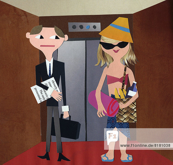 Geschäftsmann in Businesskleidung mit Frau in Strandkleidung im Fahrstuhl