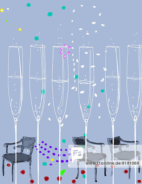 Row of champagne flutes with confetti and empty chairs