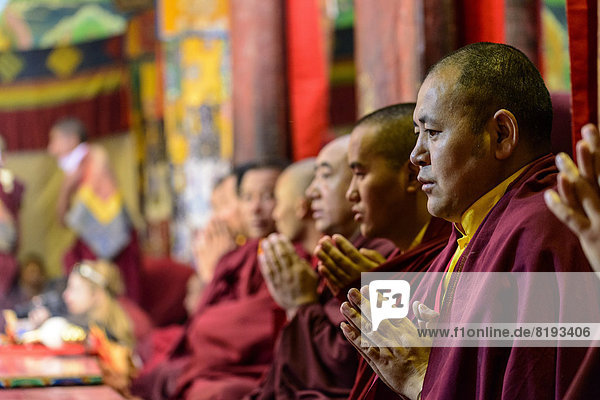 Monks celebrating Pooja  a prayer  as an opening ceremony of the Hemis Festival