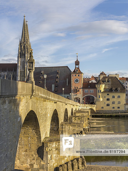 Deutschland  Bayern  Regensburg  Blick auf Regensburger Dom und Steinbrücke