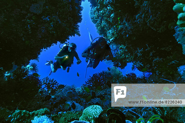 Scuba divers in a cave