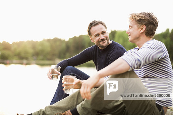 Männliche Freunde mit Wassergläsern am Seeufer