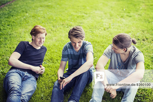 High angle view of young male friends relaxing on grass at park