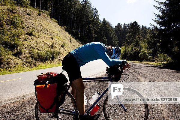 An exhausted male cyclist leans over his touring bike while climbing Mattole Road near Ferndale  California.