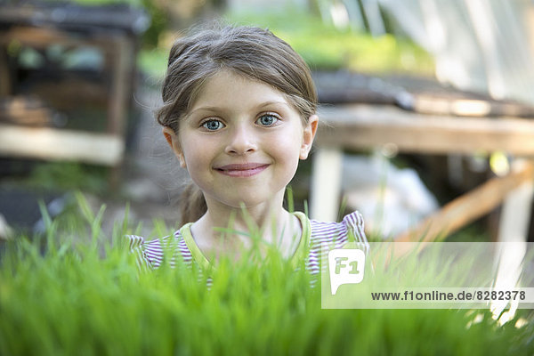 Auf der Farm. Ein Mädchen steht lächelnd an einer Gewächshausbank und schaut über die grünen Triebe von Sämlingen  die in Schalen wachsen.