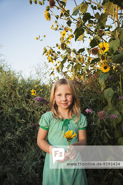 Ein Mädchen,  das draußen in einem Garten steht und eine große Sonnenblume hält.