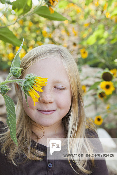 A Child Standing In A Flower Garden. A Girl With Her Eyes Closed With Sun Flower In Front Of Her Eye.