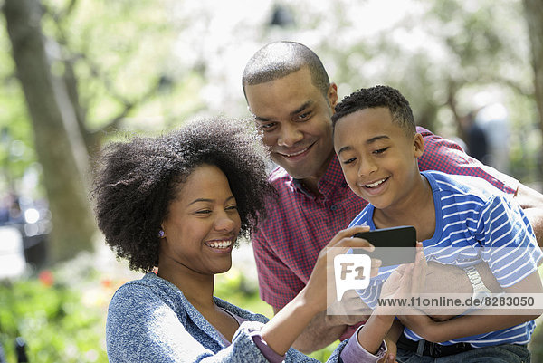 Eine Familie im Park an einem sonnigen Tag. Fotografieren mit einem Smartphone.