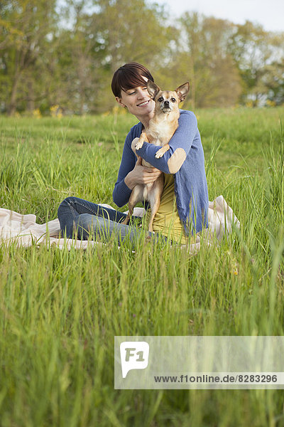 Eine junge Frau sitzt auf einem Feld  auf einer Decke und hält einen kleinen Chihuahua-Hund.