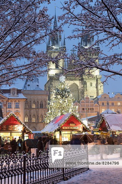 Prag Hauptstadt Europa Bedecken Kirche Weihnachten Tschechische Republik Tschechien Tyn Markt Schnee