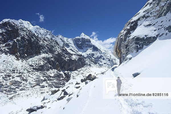 Trekker walking over Cho La Pass with Lobuche West and East on left side  Solukhumbu District  Nepal  Himalayas  Asia