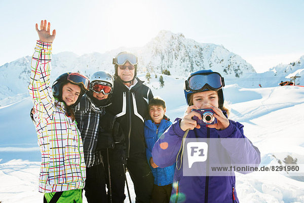 Portrait of skiing family  Les Arcs  Haute-Savoie  France