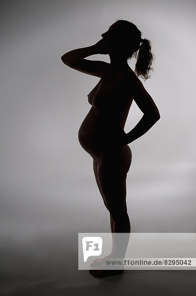 Silhouette einer nackten jungen schwangeren Frau  Studioaufnahme