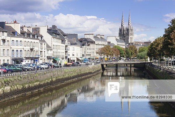 Saint Corentin Cathedral reflecting in the River Odet  Quimper  Finistere  Brittany  France  Europe