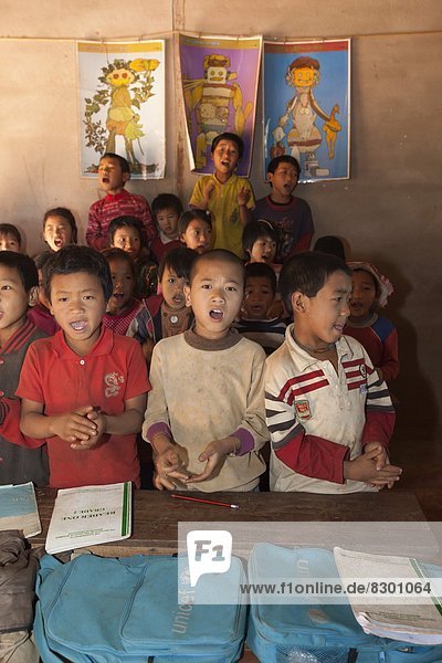 School children from Akha hill village  near Kengtung  Shan State  Myanmar (Burma)  Asia