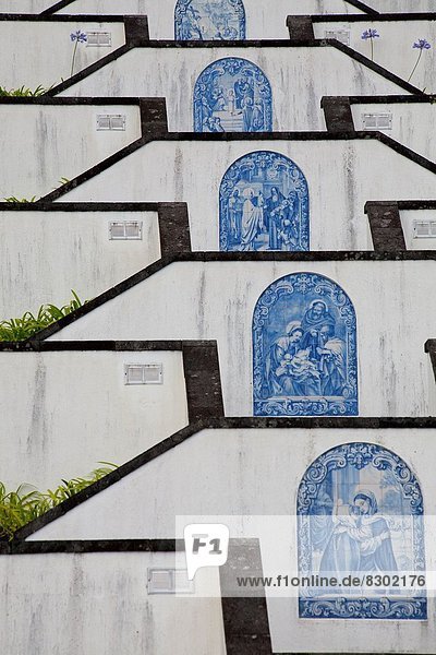 Azulejos tiles on the way to Nossa Senhora da Paz hermitage  Sao Miguel Island  Azores.