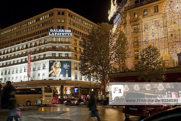 'Christmas decorations and lights in Paris (75) : frontage of the ''Galeries Lafayette'' department store'