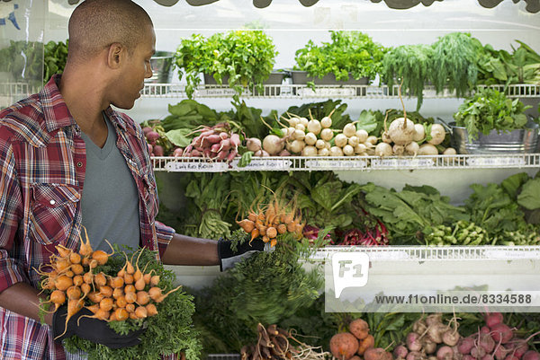 Ein Bauernstand mit Reihen von frisch gepflücktem Gemüse zum Verkauf. Ein Mann  der Karottenbündel hält.