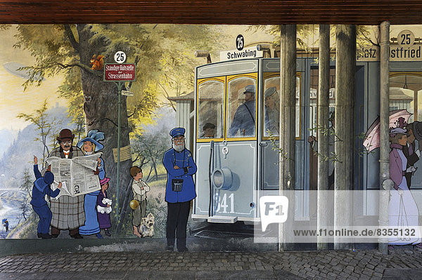 Wandmalerei an einer Straßenbahnhaltestelle  Grünwald  München  Oberbayern  Bayern  Deutschland