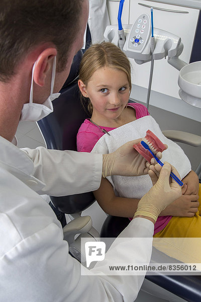 Zahnarzt zeigt einem Mädchen den richtigen Einsatz einer Zahnbürste  Deutschland