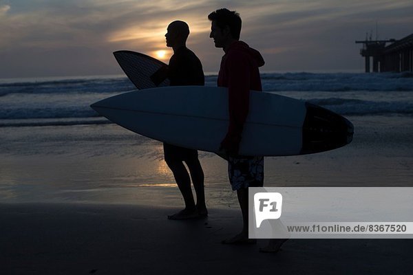 Surfers silhouetted on beach