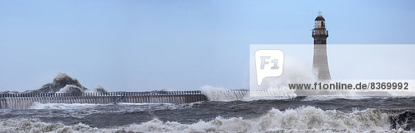 Waves Crashing Into A Lighthouse Sunderland  Tyne And Wear  England