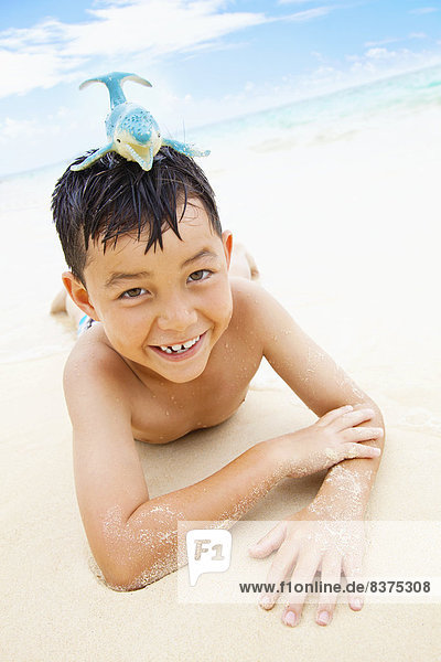 Vereinigte Staaten von Amerika  USA  liegend  liegen  liegt  liegendes  liegender  liegende  daliegen  Ecke  Ecken  Junge - Person  Spielzeug  Sand  Hawaii  Oahu  Wal