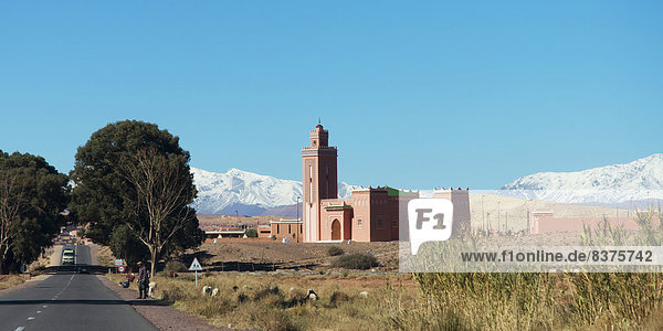 A Road Going By A Temple With Blue Sky And The Atlas Mountains  Souss-Massa-Draa  Morocco
