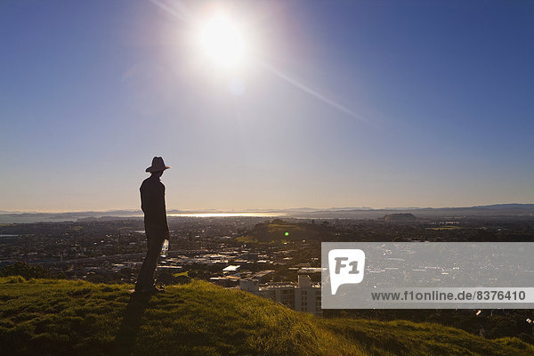 stehend  Mann  Silhouette  Hut  Ansicht  Garten Eden  Auckland  Neuseeland