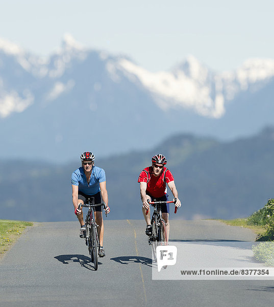 Two Caucasian Men Cycling On Road Bicycles  Vancouver Island  British Columbia  Canada