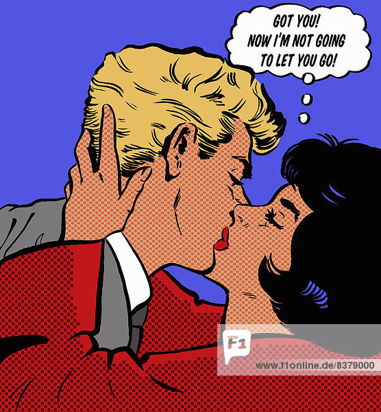 Comic eines küssenden Paares mit Gedankenblase