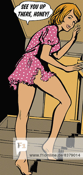 Comic einer Frau im Nachthemd auf der Treppe mit Sprechblase