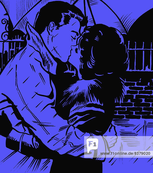 Comic eines küssenden Paares unter einem Regenschirm