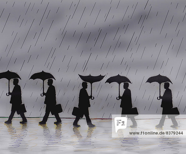 Gegensätzliche Geschäftsmänner mit Regenschirmen