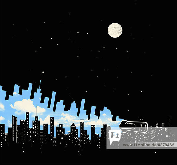 Reißverschluss ändert die Skyline einer Stadt von Nacht zu Tag