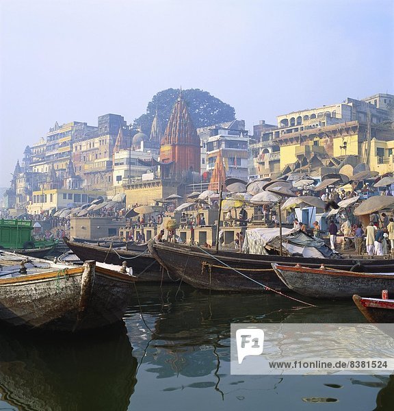 Boats Moored in Front of Ghats on the River Ganges  Varanasi  Uttar Pradesh  India