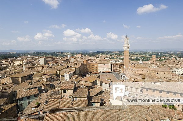 View of the Piazza del Campo and the Palazzo Pubblico with its amazing bell tower  Siena  UNESCO World Heritage Site  Tuscany  Italy  Europe