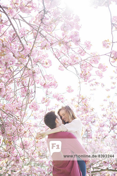 Paar umarmend unter Baum mit rosa Blüten