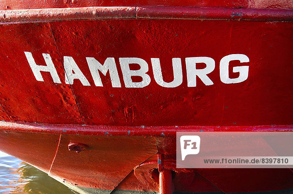 'Word ''Hamburg'' on a ship in the port  Hamburg  Germany'
