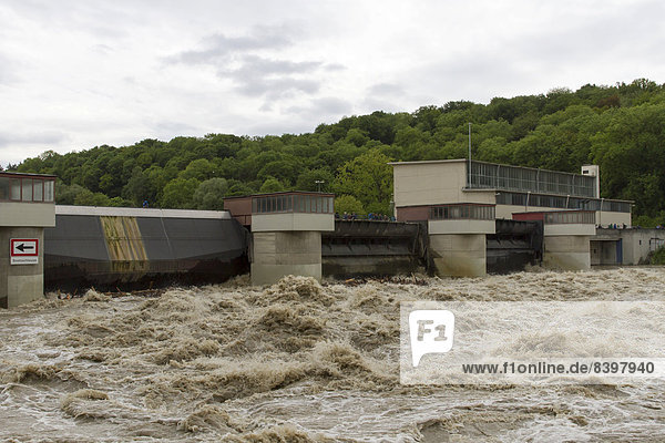 Flooded Danube River  near Ulm  Thalfingen Hydroelectric Power Plant  Baden-Württemberg  Germany