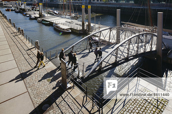 Bridge to the pontoon of the Traditional Ship Harbor with historic sailing ships  Sandtorhafen  Sandtorkai  HafenCity  Hamburg  Germany