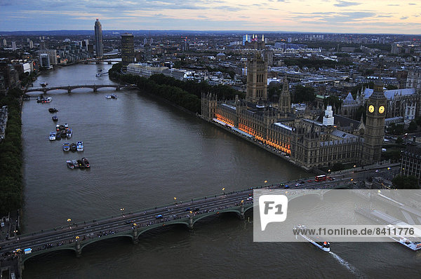 View from the London Eye on Westminster Bridge  Houses of Parliament  and Elizabeth Tower clock tower  London  England  United Kingdom