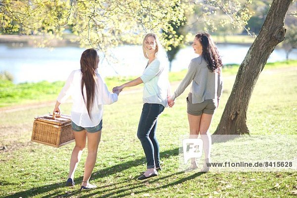Drei junge Frauen mit Picknickkorb im Park