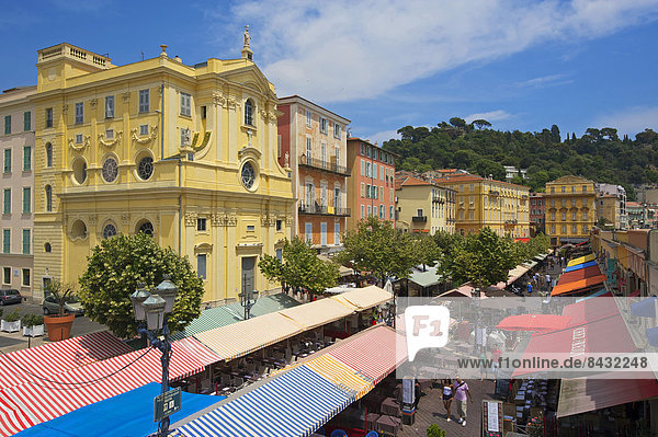 France  Europe  South of France  Cote d'Azur  Nice  market  market stalls  markets  shopping  shopping  houses  homes  buildings  constructions  architecture  Place Charles  outside  day