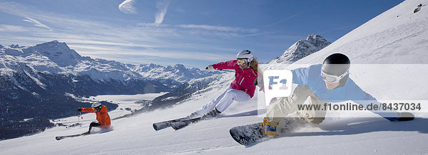 Frau Berg Winter Mann Snowboard Snowboarding schnitzen Skisport Ski 3 Kanton Graubünden Schnee Wintersport
