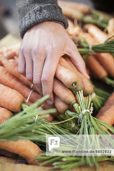 Abgeschnittenes Bild vom Kauf von Karotten auf dem Markt