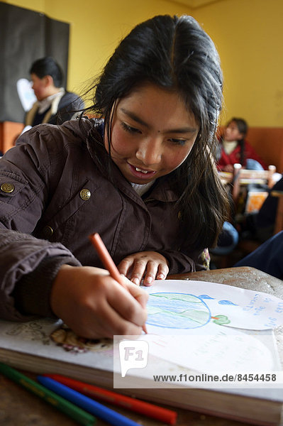 Pupil painting a picture about environmental protection  El Alto  Department of La Paz  Bolivia