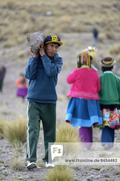Junger Mann schleppt Stein  um damit das Ufer eines künstlichen Sees zur Feldbewässerung zu sichern  Quispillacta  Ayacucho  Peru