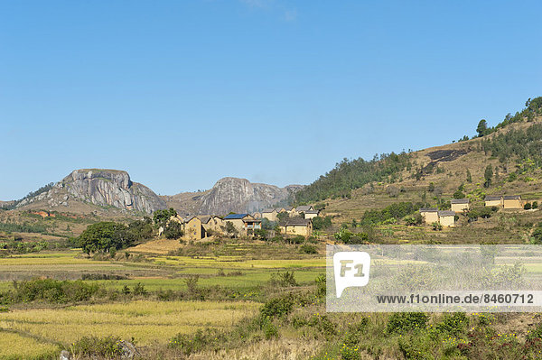 Landschaft  Dorf der Volksgruppe der Betsileo  Reisfelder in Terrassen  felsige Berge  Anja-Park bei Ambalavao  Madagaskar