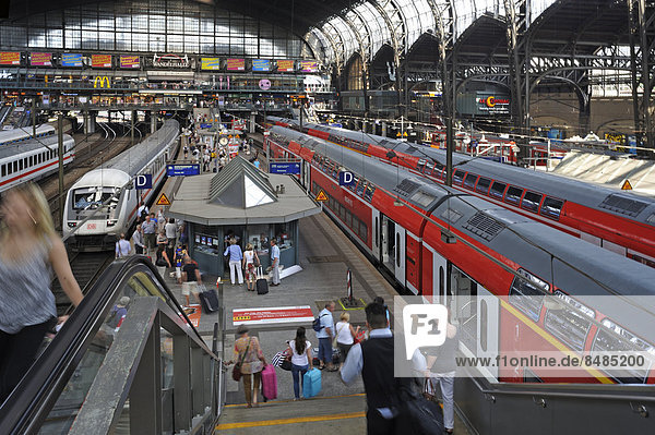Station concourse with travelers  and local and long-distance trains  Central Station  Hamburg  Germany